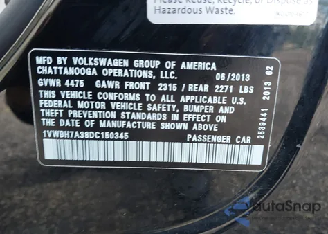 2013 Volkswagen Passat 2.5L Se z USA, uszkodzony, nr VIN 1VWBH7A38DC150345